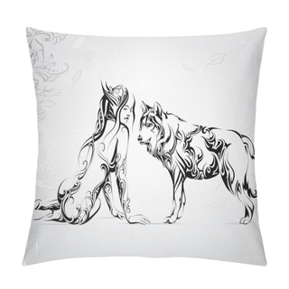 Personality  Vector Silhouette Of A Girl With A Wolf Pillow Covers