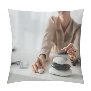 Personality  Cropped View Of Businesswoman Sitting At Workplace With Zen Stones, Smartphone And Laptop  Pillow Covers