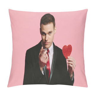 Personality  Handsome Man In A Black Suit Holding A Red Heart For Valentine's Day Pillow Covers