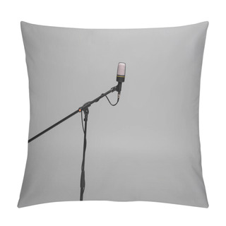 Personality  Black Microphone With Wire On Metal Stand Isolated On Grey With Copy Space, Studio Shot  Pillow Covers