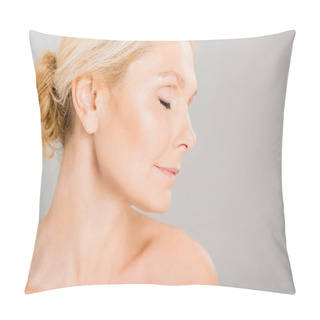 Personality Side View Of Attractive And Blonde Mature Woman With Closed Eyes Isolated On Grey  Pillow Covers
