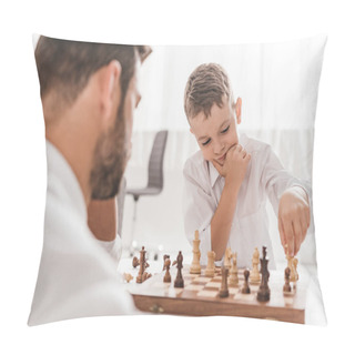 Personality  Selective Focus Of Dad And Son Playing Chess Together At Home Pillow Covers