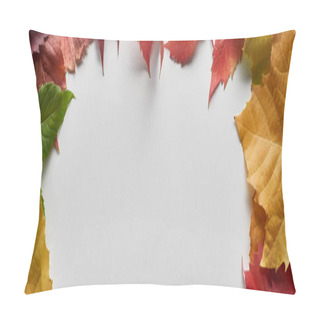 Personality  Panoramic Shot Of Colorful Autumn Leaves On White Background With Copy Space Pillow Covers