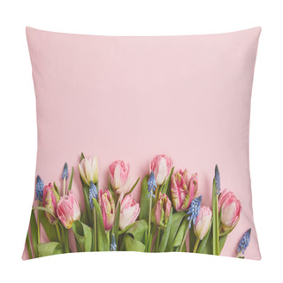 Personality  Top View Of Fresh Pink Tulips And Grape Hyacinths Arranged On Pink Background Pillow Covers