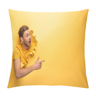 Personality  Crazy Handsome Man In Yellow Outfit In Yellow Paper Hole Pointing With Finger Aside Pillow Covers