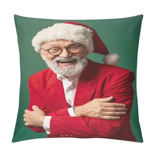 Personality  Cheerful Man Dressed As Santa Posing On Green Backdrop And Smiling At Camera, Winter Concept Pillow Covers