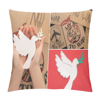 Personality  Collage Of Female Hands, Cardboard Placards With No War Lettering And White Paper Dove On Red Background Pillow Covers