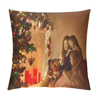 Personality  Christmas Family Woman Portrait, Mother And Daughters Celebrate Holiday, Opening Present Gift Box In Room Decorated By Xmas Tree And Candles Lights Pillow Covers