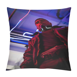 Personality  Low Angle View Of Bi-racial Cyberpunk Player Standing Near Blue Neon Lighting  Pillow Covers