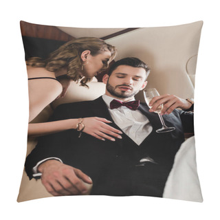 Personality  Sensual Woman Touching Elegant Man Holding Glass Of Champagne In Plane Pillow Covers