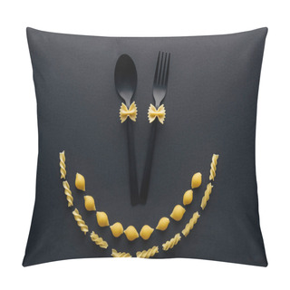 Personality  Uncooked Farfalle Pasta On Plastic Spoon And Fork Near Shells Macaroni And Rotini Pasta Isolated On Black Pillow Covers