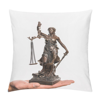 Personality  Close-up Partial View Of Businessman Holding Lady Justice Statue Isolated On White Pillow Covers