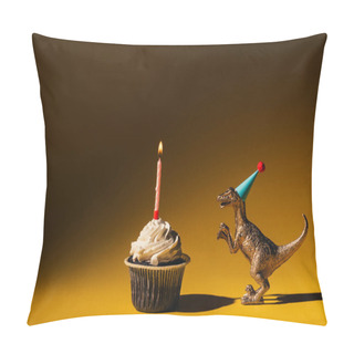Personality  Toy Dinosaur In Party Cap Beside Cupcake With Burning Candle On Brown Background Pillow Covers