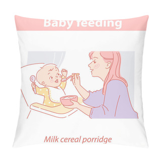 Personality  Mother Feeding Little Baby With Milk Porridge. Pillow Covers