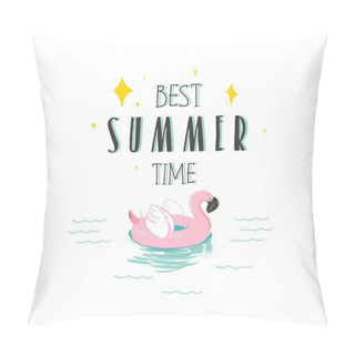 Personality  Hand Drawn Vector Stock Abstract Graphic Illustration With A Flamingo Swimming Rubber Float Ring And Best Summer Time Quote In Ocean Waves Landscape Isolated On White Background Pillow Covers