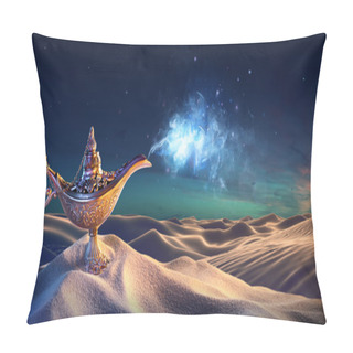 Personality  Lamp Of Wishes In The Desert - Genie Coming Out Of The Bottle Pillow Covers