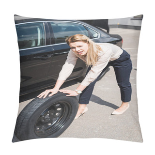 Personality  Businesswoman Looking At Camera, Rolling New Wheel And Fixing Broken Auto, Car Insurance Concept Pillow Covers