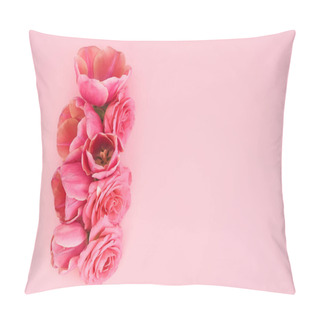 Personality  Top View Of Pink Roses And Tulips Buds On Pink Background With Copy Space Pillow Covers