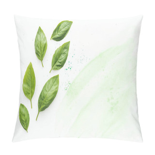 Personality  Top View Of Delicious Basil Leaves On White Surface With Green Watercolor Strokes Pillow Covers