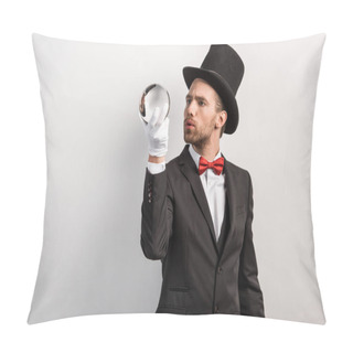 Personality  Interested Professional Magician Holding Magic Ball, Isolated On Grey Pillow Covers