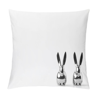 Personality  Two Statuettes Of Silver Easter Bunnies On White Pillow Covers