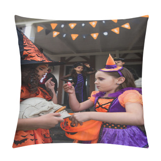 Personality  Girls In Halloween Costumes Holding Skull And Bucket With Candies Near Blurred Multiethnic Friends Pillow Covers