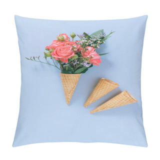 Personality  Flat Lay Ice Cream Cones With Colorful Bouquet On Blue Background, Copy Space Pillow Covers