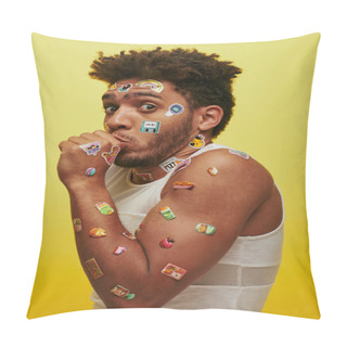 Personality  Shocked African American Guy In Tank Top With Stickers On Face Looking At Camera On Green Backdrop Pillow Covers