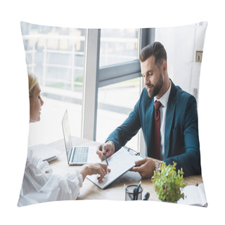 Personality  Selective Focus Of Handsome Recruiter Near Attractive Employee In Office  Pillow Covers