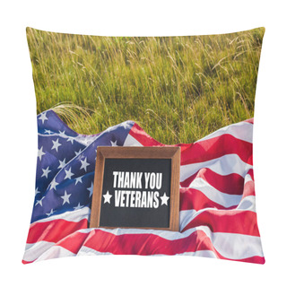 Personality  Blank Chalkboard  With Thank You Veterans Illustration On American Flag With Stars And Stripes On Green Grass Pillow Covers