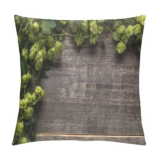 Personality  Top View Of Green Blooming Hop On Wooden Table With Copy Space Pillow Covers