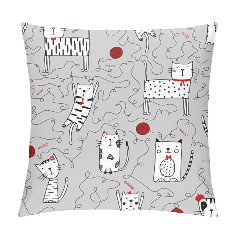 Personality  Seamless funny pattern with doodle cats. Cute kitten illustration in sketch style. Cartoon animals background. Doodle cats. Ideal for fabric, wallpaper, wrapping paper, textile, bedding, t-shirt print. pillow covers