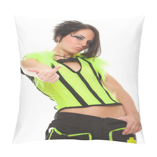 Personality  Young Woman Punk In Bright Clothes Shows Gesture Pillow Covers