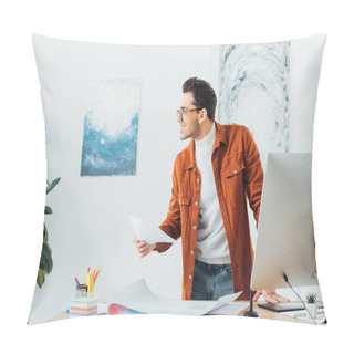Personality  Smiling Designer Looking Away While Working On Project Of Ux Design Near Color Circles And Sketches On Table Pillow Covers