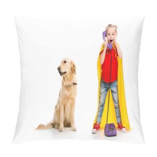 Personality  Shocked Little Supergirl Wearing Yellow Cape And Talking On Phone With Standing Dog Beside Isolated On White Pillow Covers