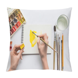 Personality  Top View Of Female Hands Drawing In Album With Watercolor Paints And Paintbrush Pillow Covers