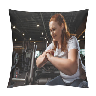 Personality  Overweight Girl Frowning While Squatting With Clenched Hands Pillow Covers
