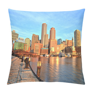 Personality  Boston Skyline With Financial District And Boston Harbor At Sunrise Panorama Pillow Covers