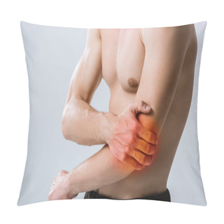Personality  Partial View Of Shirtless Man With Pain In Elbow Isolated On Grey Pillow Covers