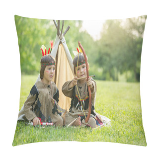 Personality  Cute Portrait Of Native American Boys With Costumes, Playing Out Pillow Covers