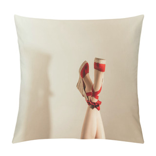 Personality  Cropped Shot Of Upside Down Female Legs In Red Platform Sandals On Beige Background Pillow Covers