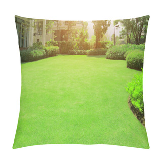 Personality   Fresh Gardening Green Burmuda Grass Smooth Lawn With Curve Form Of Bush, Trees On The Background In The House's Garden  Under Morning Sunlight Pillow Covers