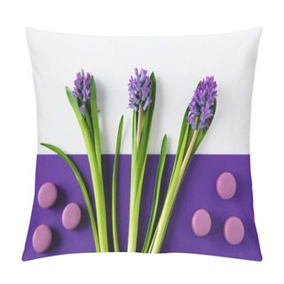 Personality  Top View Of Hyacinth Flowers With Macaron Cookies On Purple And White Surface Pillow Covers