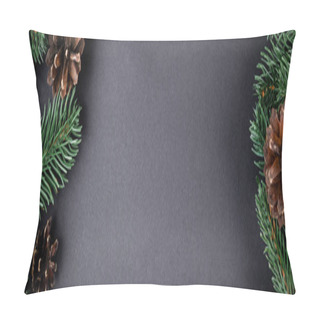 Personality  Pine Cones With Fir Branches On Black Background, New Year Concept, Banner Pillow Covers