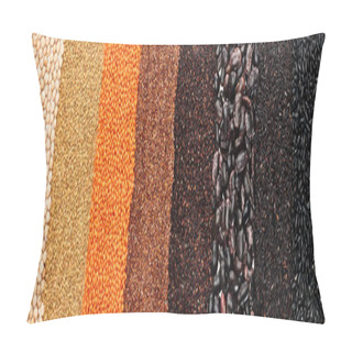 Personality  Panoramic Shot Of Black Beans, Rice, Quinoa, Red Lentil, Buckwheat And Chickpea Pillow Covers