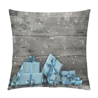 Personality  Grey Wooden Christmas Background With A Stack Of Presents In Blu Pillow Covers