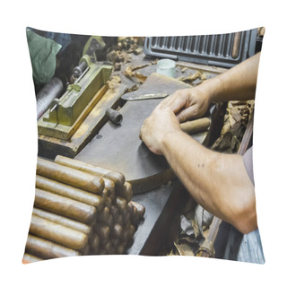 Personality  Traditional Manufacture Of Cigars At The Tobacco Factory. Closeup Of Old Hands Making A Cigar From Tobacco Leaves In A Traditional Cigar Manufacture. Close Up Of Hands Making A Cigar From Tobacco Leaves. Pillow Covers