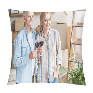 Personality  Happy Senior Couple Holding Glasses Of Wine And Looking Away In New House Pillow Covers