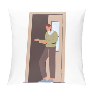 Personality  Friendly Male Character Invite Into Open Door, Man Show Invitation Gesture Stand At Doorway Isolated On White Background Pillow Covers