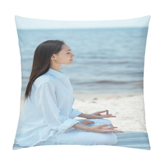 Personality  Side View Of Young Asian Woman In Ardha Padmasana (half Lotus Pose) On Yoga Mat By Sea  Pillow Covers